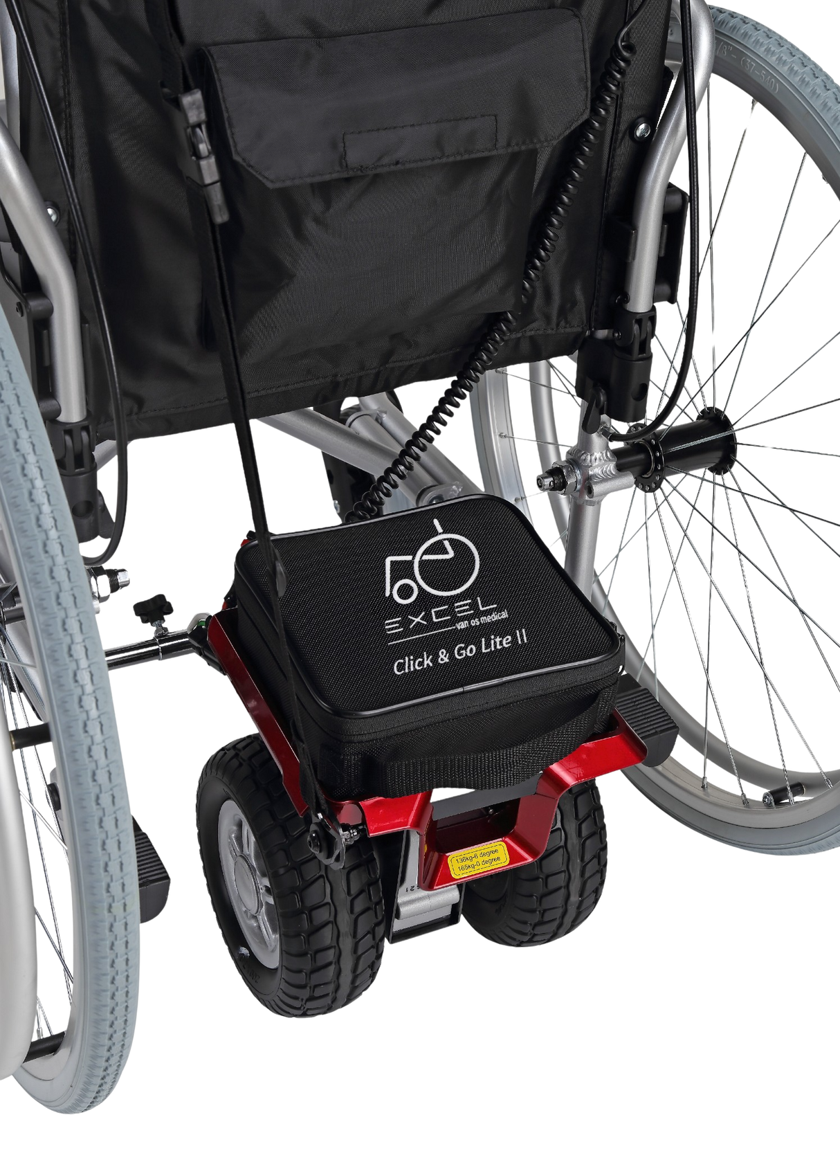 Excel Click & Go Lite II electric wheelchair conversion system. Add motorised power to your wheelchair in seconds!