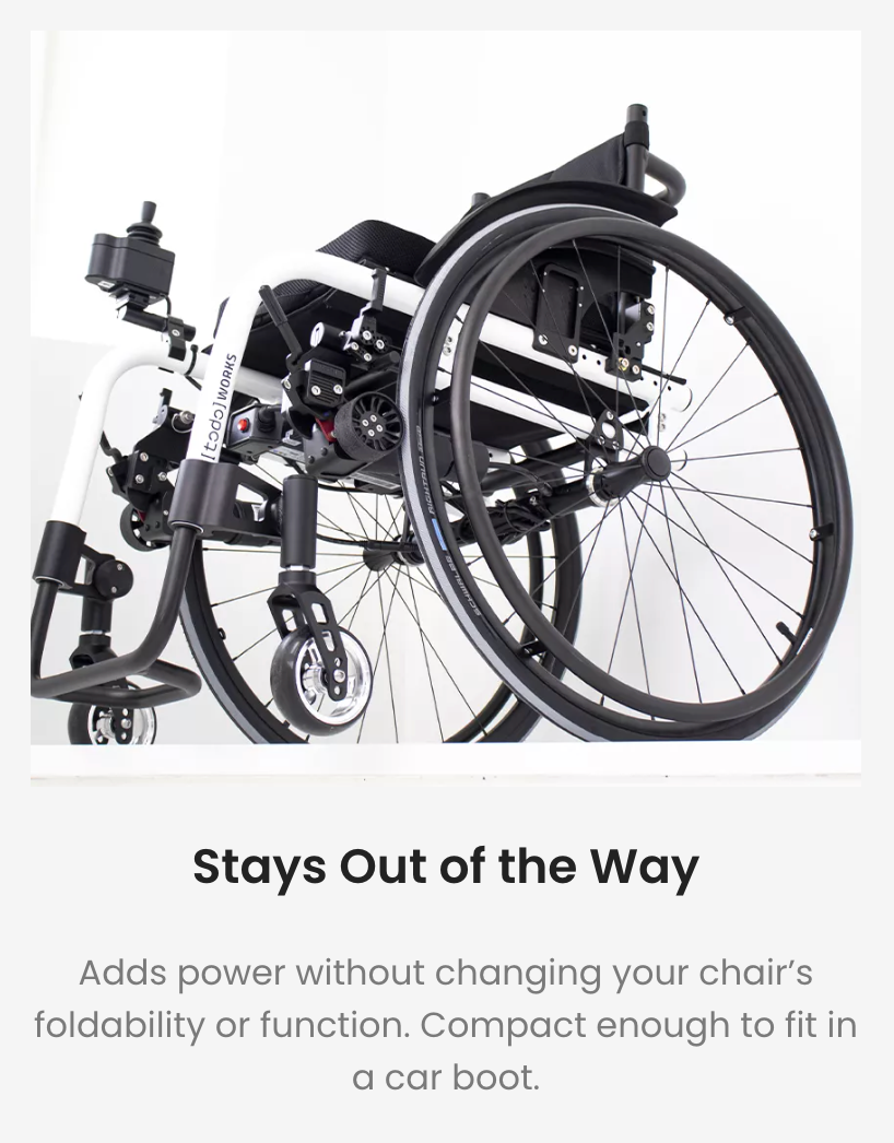 Dash Todo Drive Revolutionary Powered Drive Unit Add-On For Manual Wheelchairs. Wolrd's Lightest Add-On Kit! Adds Power Without Changing Your Chairs Foldability Or Function At Only 5kg!