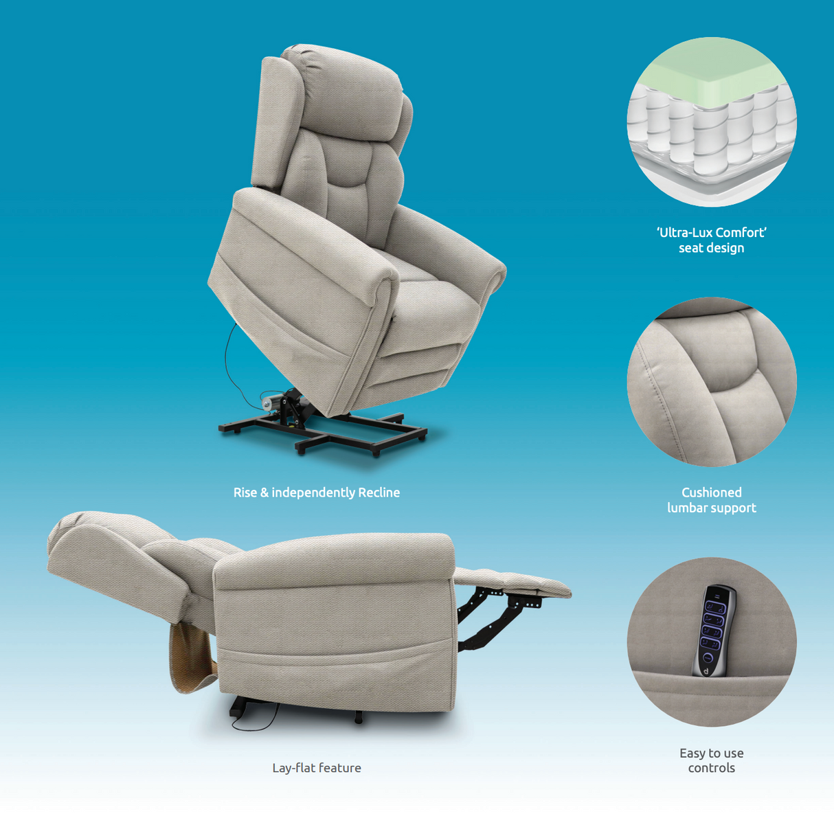 Dallux Nevis Rise and Recline Chair, Luxury Redefined! With Power Headrest, Lumber, Massage & Heat Options