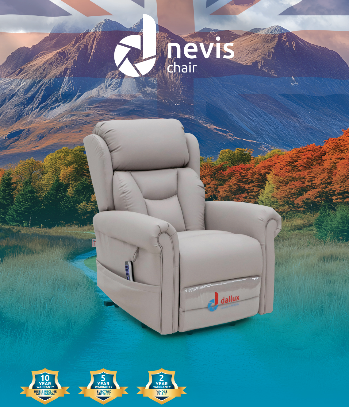 Dallux Nevis Healthcare Rise and Recline Chair. The UK’s Only True Pressure-Relieving, Fully Waterproof Triple Motor Riser Recliner!