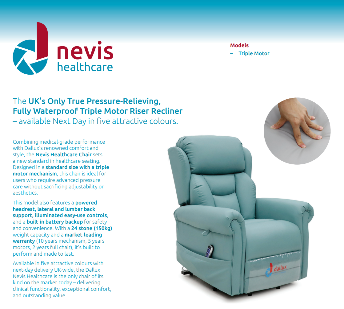 Dallux Nevis Healthcare Rise and Recline Chair. The UK’s Only True Pressure-Relieving, Fully Waterproof Triple Motor Riser Recliner!