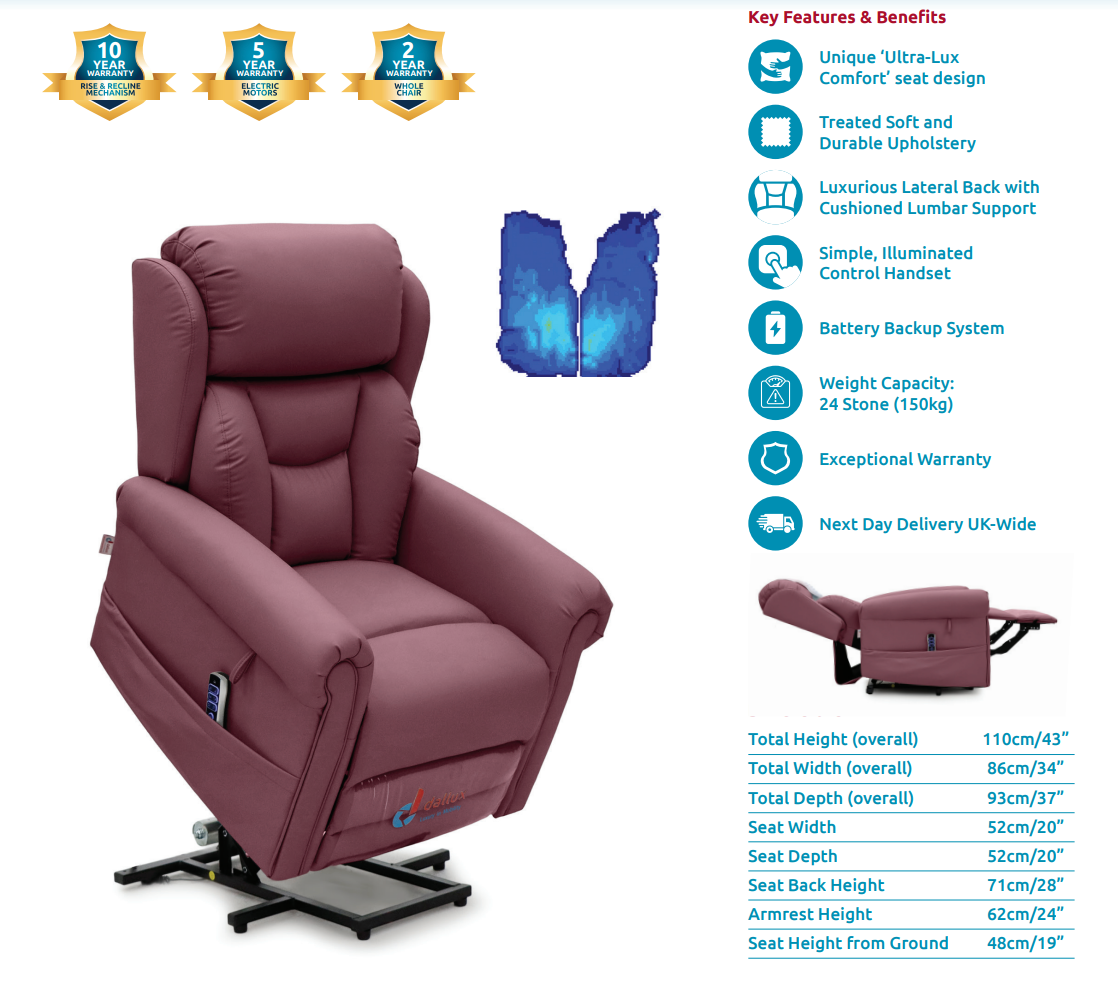 Dallux Nevis Healthcare Rise and Recline Chair. The UK’s Only True Pressure-Relieving, Fully Waterproof Triple Motor Riser Recliner!