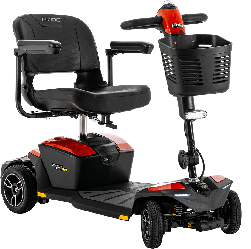 Pride Zero Turn 8 Mobility Scooter. A 4-wheel scooter with a 3-wheel turning radius!